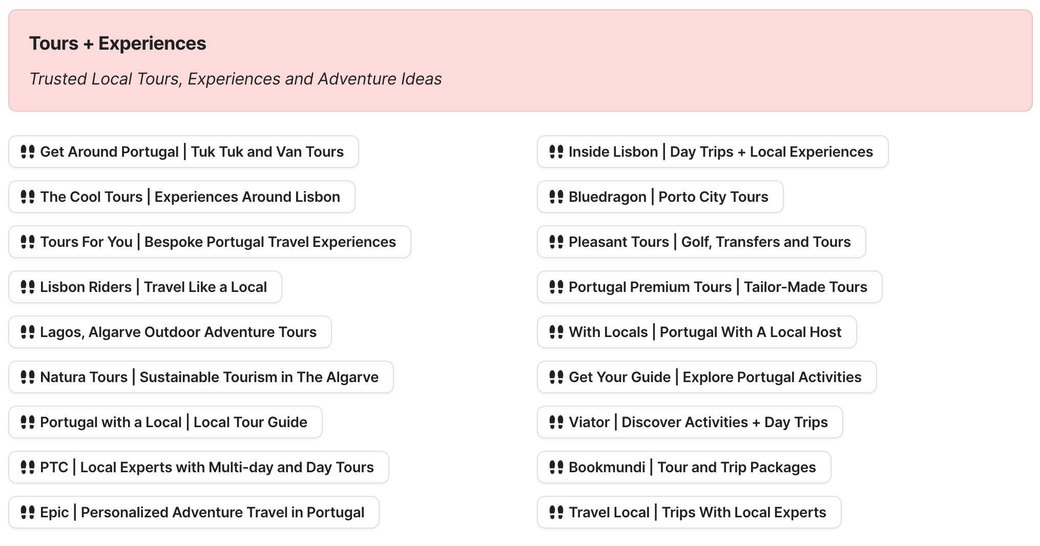 Tours + Experiences in Portugal Preview of tours and experiences in Portugal section in Portugal Travel Research by Feral Travel