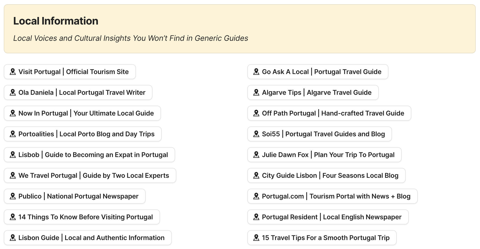 Local Information Preview of local information section in Portugal Travel Research by Feral Travel